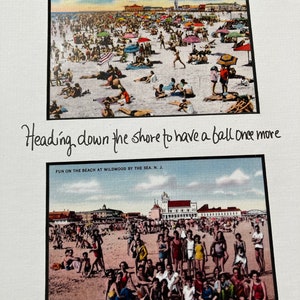 May include: Two vintage postcards depicting a crowded beach scene. The top postcard shows a wide view of the beach with people sunbathing, swimming, and playing in the sand. The bottom postcard shows a group of people standing and sitting on the beach, with a building in the background. The text on the top postcard reads "Beach. Looking South. Wildwood-by-the-Sea. N. 1. 140". The text on the bottom postcard reads "FUN ON THE BEACH AT WILDWOOD BY THE SEA. N. J."