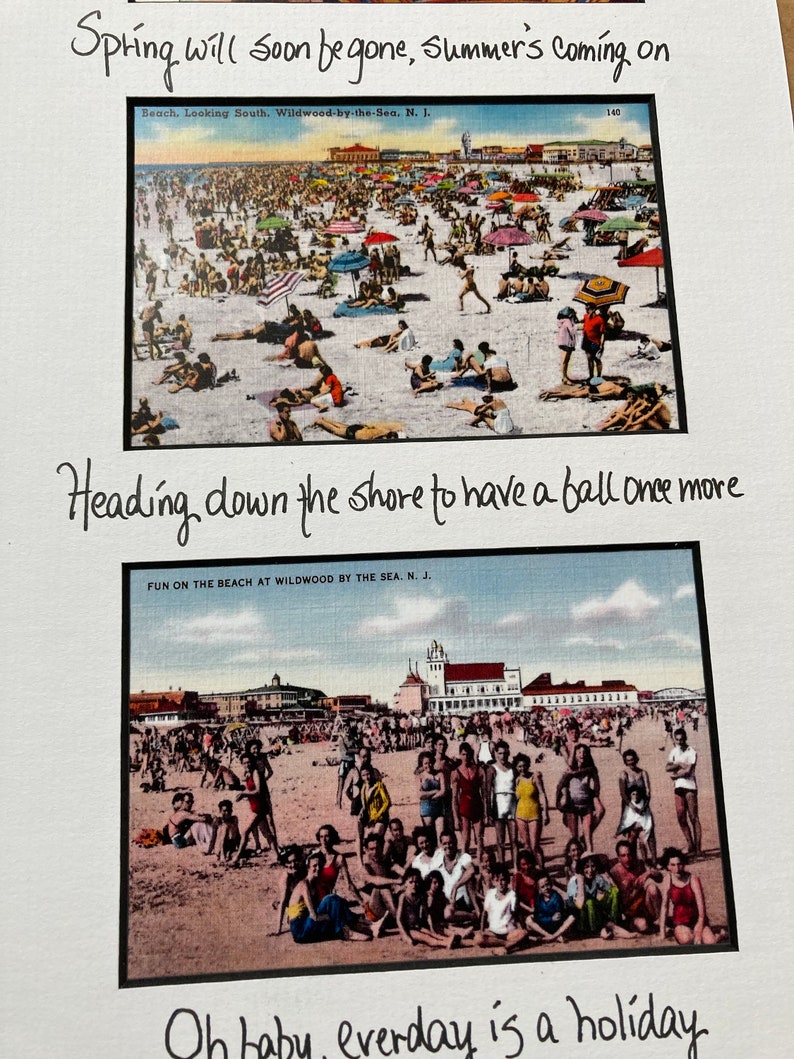 May include: Two vintage postcards depicting a crowded beach scene. The top postcard shows a wide view of the beach with people sunbathing, swimming, and playing in the sand. The bottom postcard shows a group of people standing and sitting on the beach, with a building in the background. The text on the top postcard reads "Beach. Looking South. Wildwood-by-the-Sea. N. 1. 140". The text on the bottom postcard reads "FUN ON THE BEACH AT WILDWOOD BY THE SEA. N. J."