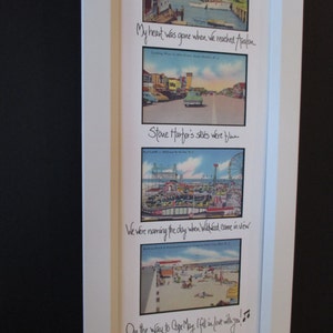 May include: A white framed collage of vintage postcards with handwritten text. The text reads "My heart was gone when we reached Avalon", "Stone Harbor's skies were blue", "We were naming the day when Wildwood came in view", and "On the way to Cape May, I fell in love with you!"