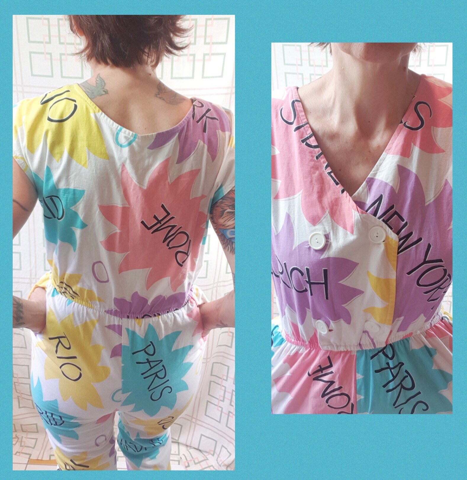 Fabulous Vintage 1980s Novelty Capital City Names Cotton Jumpsuit