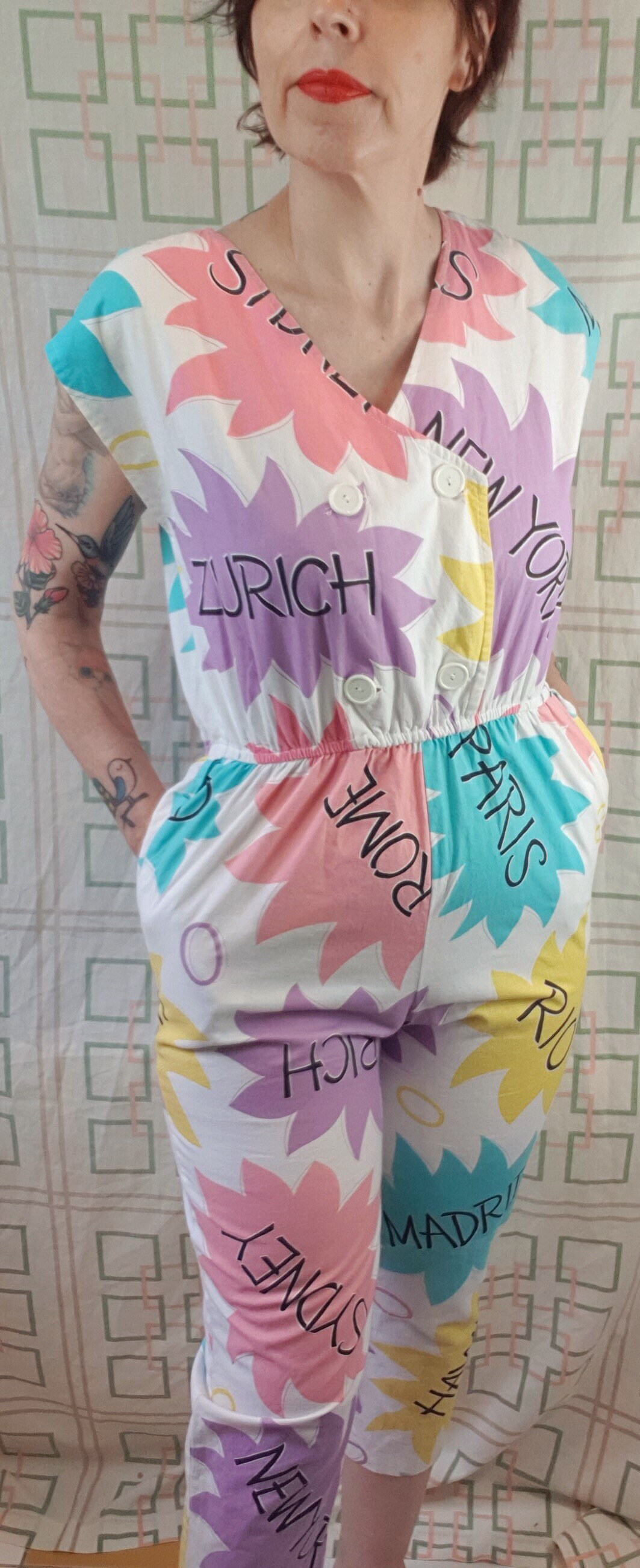 Fabulous Vintage 1980s Novelty Capital City Names Cotton Jumpsuit