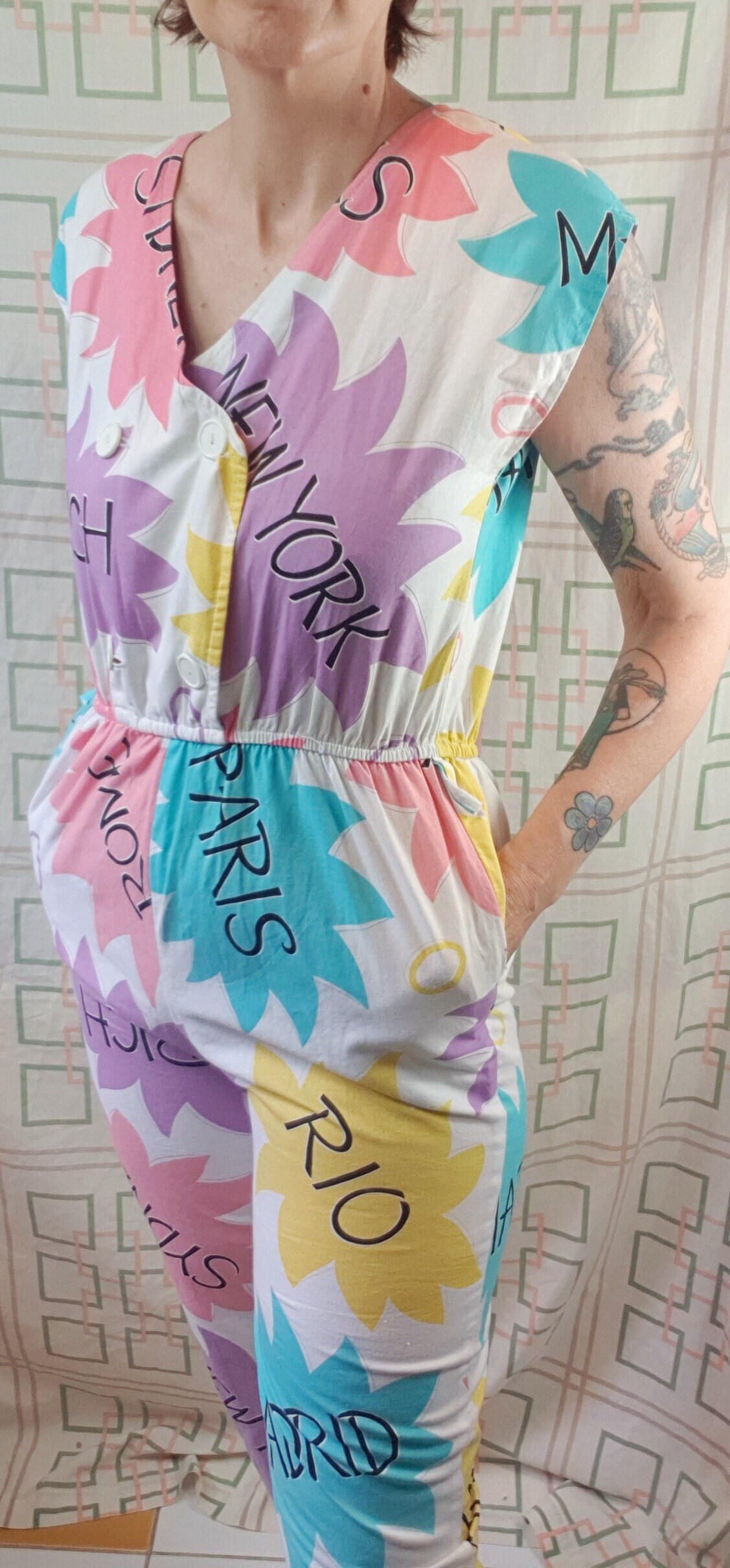 Fabulous Vintage 1980s Novelty Capital City Names Cotton Jumpsuit