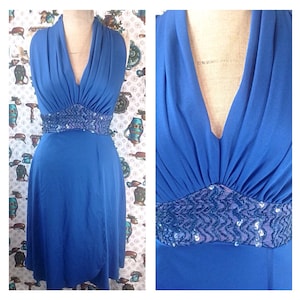 Fabulous vintage 1980&#39;s cobalt bright blue polyester sequin disco party dress/studio 54/glamour//vintage UK