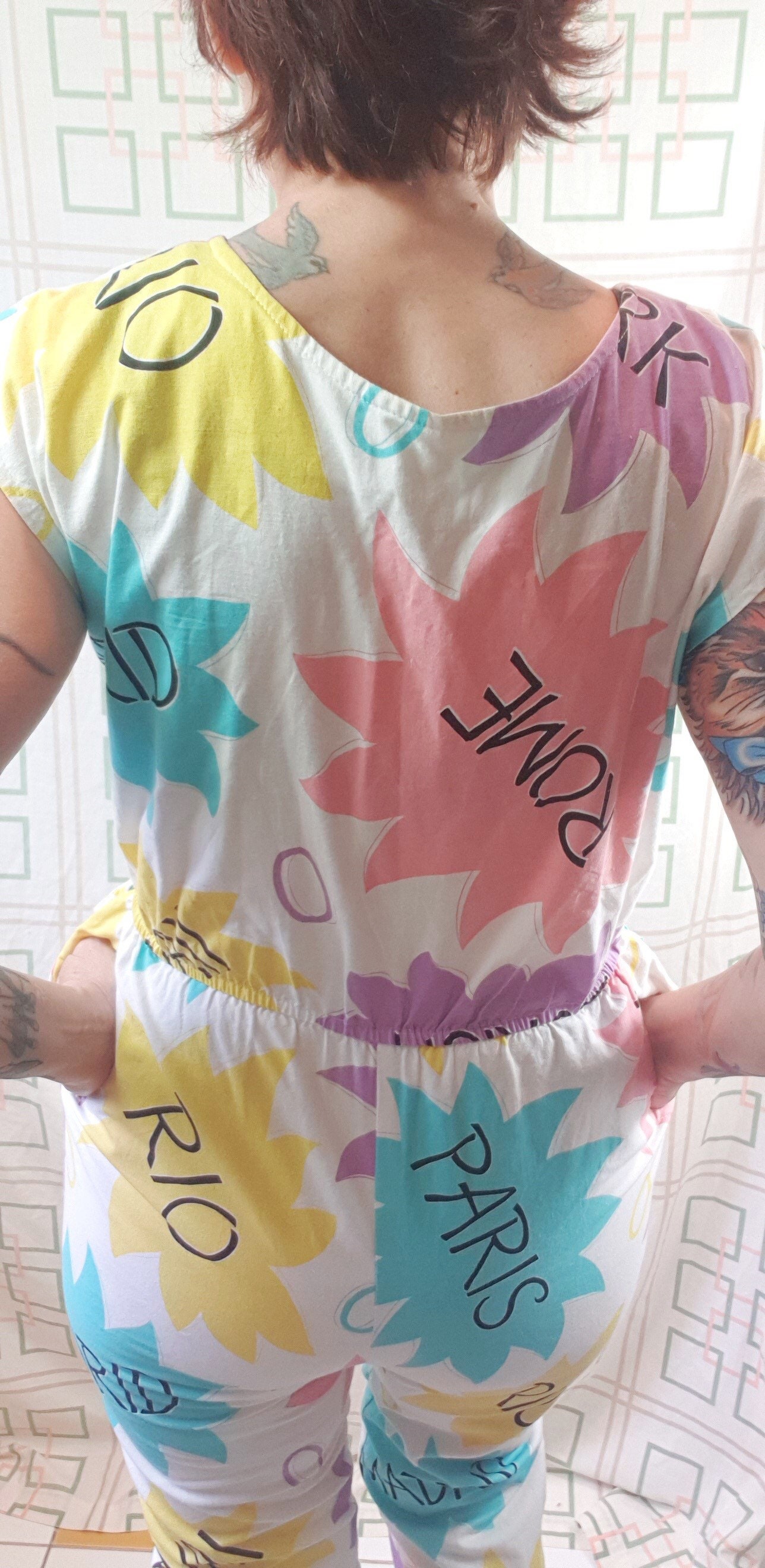 Fabulous Vintage 1980s Novelty Capital City Names Cotton Jumpsuit