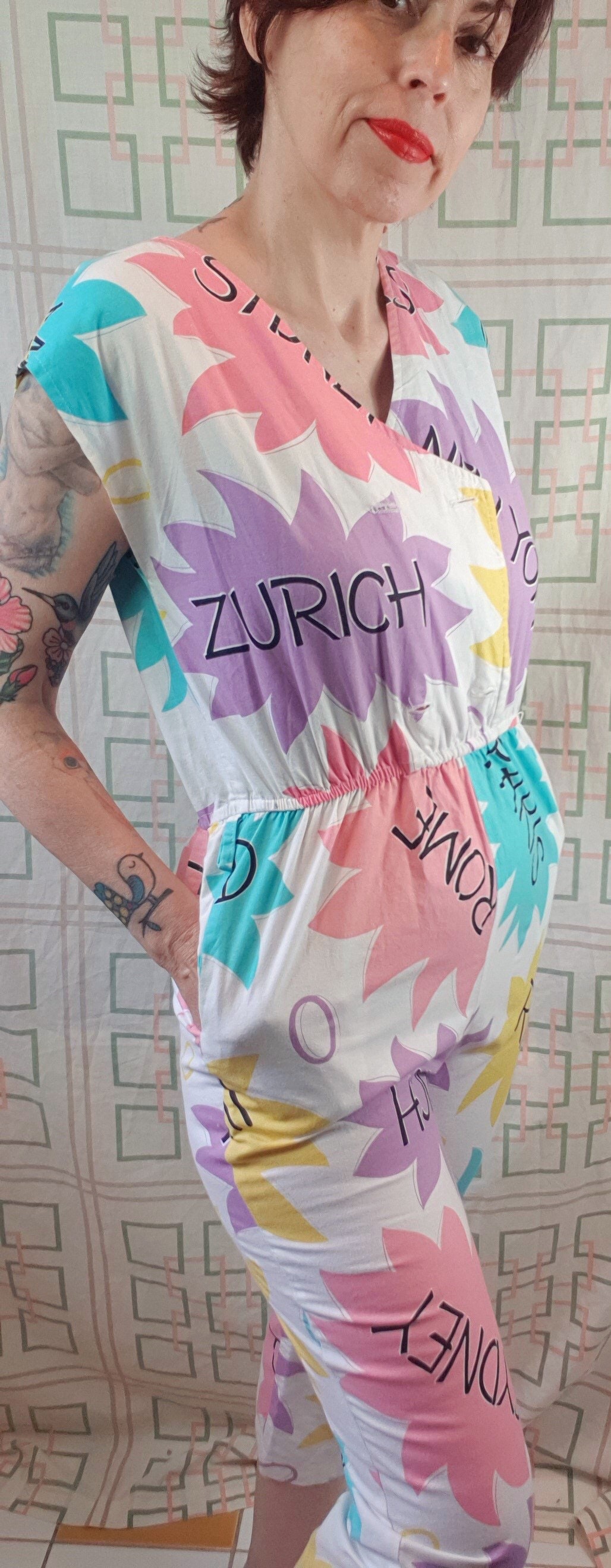 Fabulous Vintage 1980s Novelty Capital City Names Cotton Jumpsuit