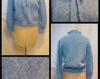 Lovely 1960's cornflower blue hand knitted pure wool/mohair sweater/jumper /sweater girl/winter/ knit