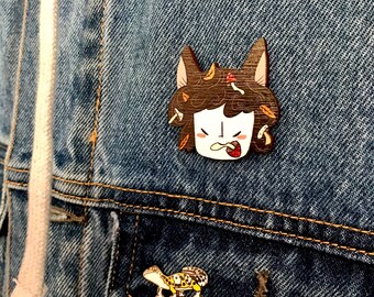 Katauros Bearing Gift // Cat with Mushroom // Autumnal Wooden Pin