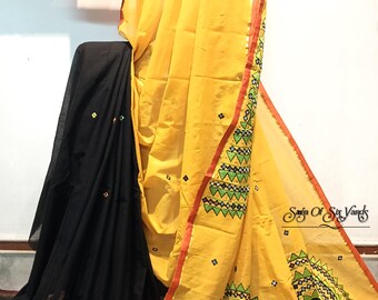 Handloom Cotton Sari: Mirror Embroidery & Applique Work Blouse Piece