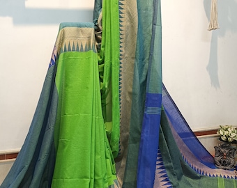 Handwoven Cotton Saree: Temple Border, Handloom Bengal Cotton