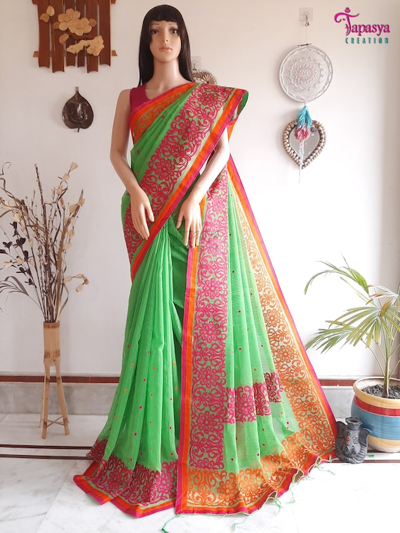 Applique Work on Handloom Noil Saree With Bp/stencil Applique/applique  Saree/bengal Handloom Saree/free Fall & Picot/fastest Delivery/saree 