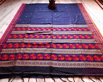 Handwoven Navy Blue Jamdani Saree: Mercerized Cotton with Bird Motifs