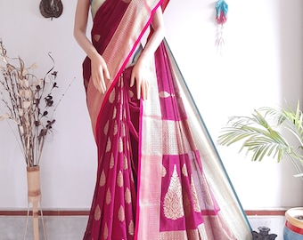 Handwoven Mercerized Cotton Banarasi Sari: Zari Woven Border