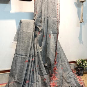 Embroidered Handloom Cotton Saree: Zari Checks, Blouse Piece, Fall & Picot