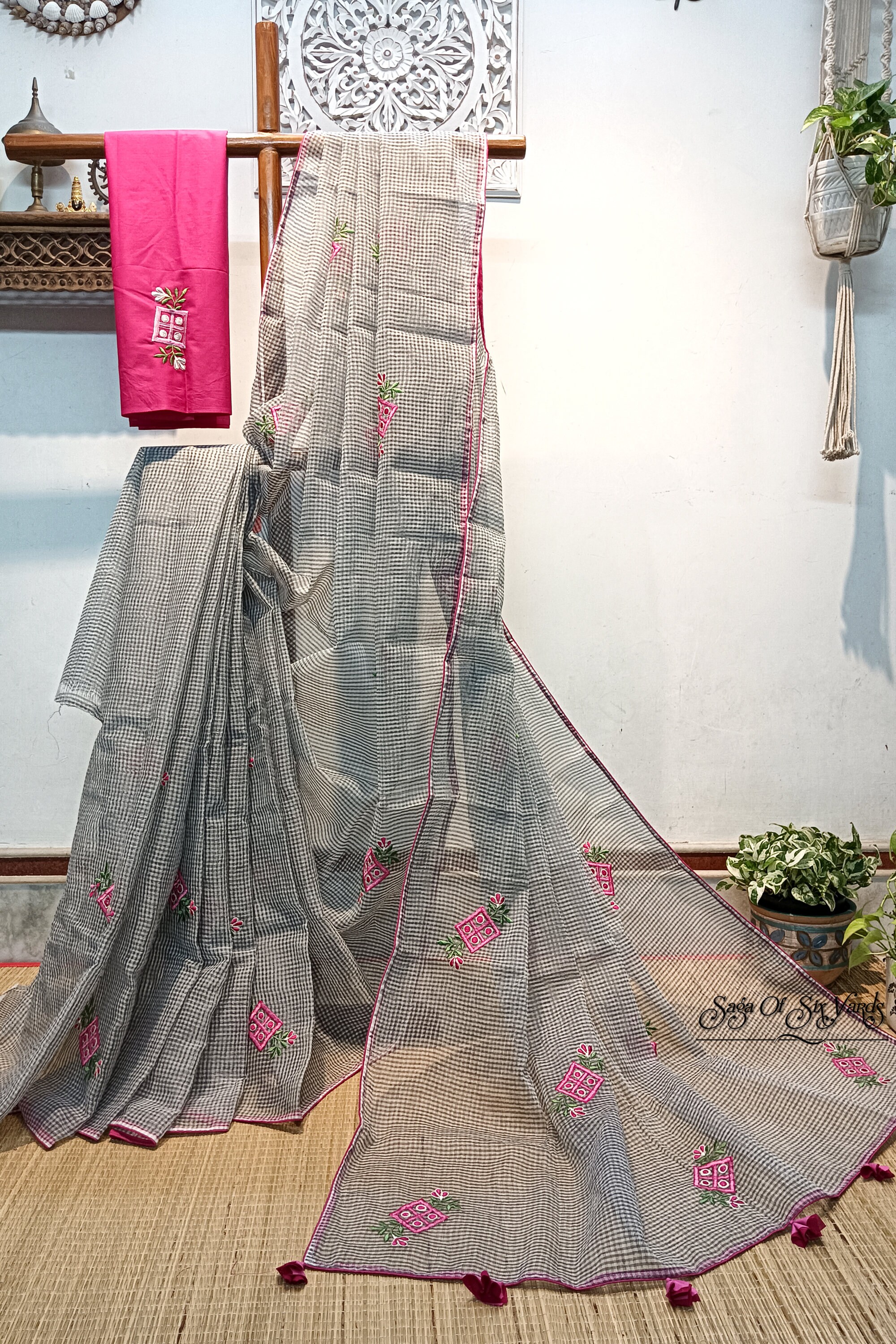 Cream and Silver Cotton Kota Saree with All over Embroidery and Blouse Fabric