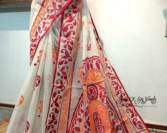 Handloom Resham Kota Saree: Hand-Painted Bengal Alpona Motifs