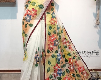 Handloom Resham Kota Saree: Hand-Painted Floral Sari