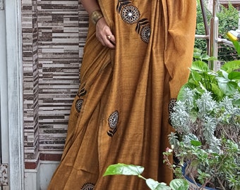 Embroidered Handloom Cotton Saree: Mustard Yellow Floral with Blouse Piece