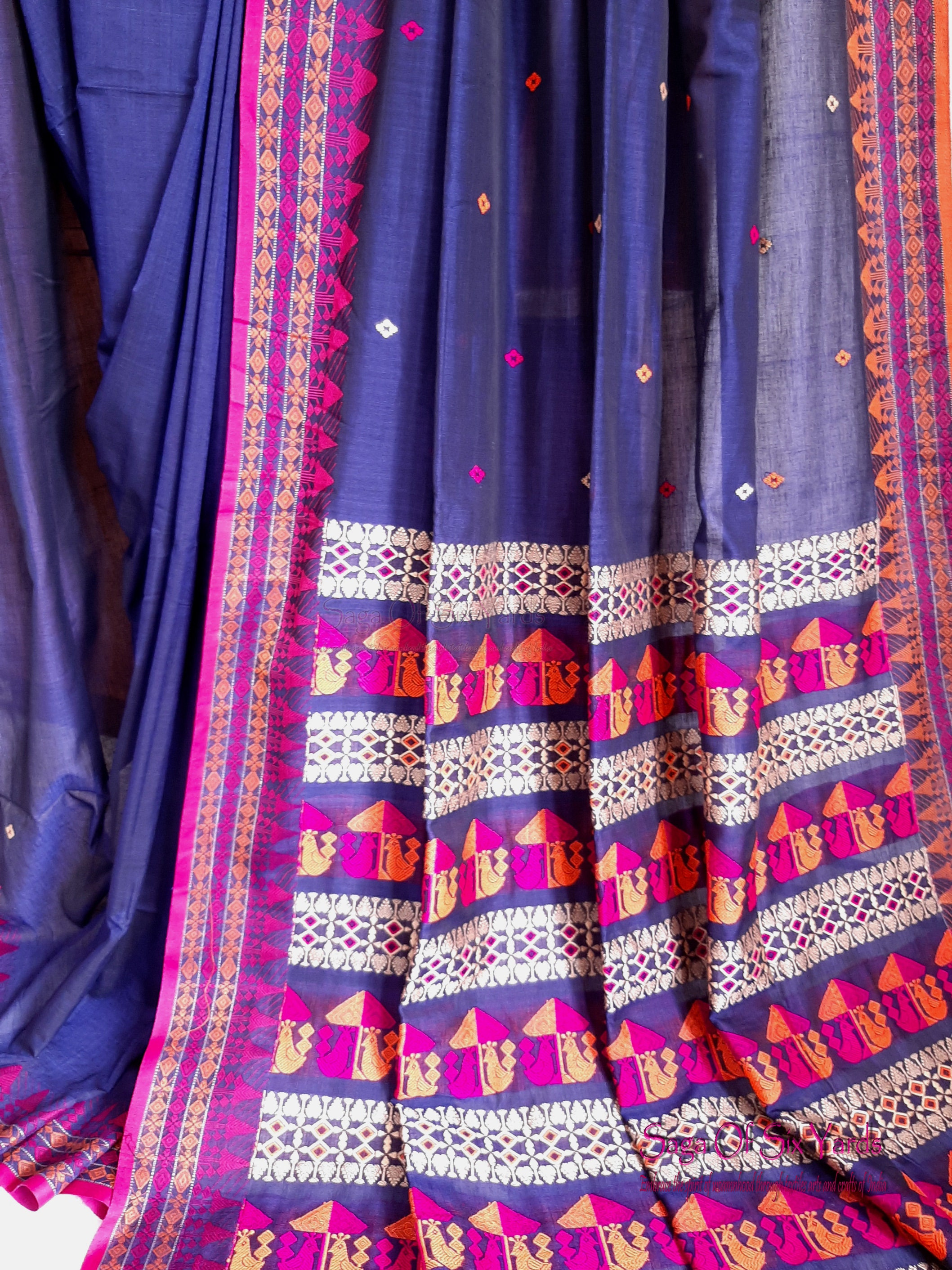 Navy Blue Jamdani Cotton Saree main image 1