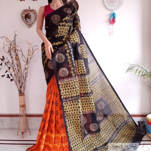 Handgewebter Baumwoll Seiden Saree: Hand Block Print Sari