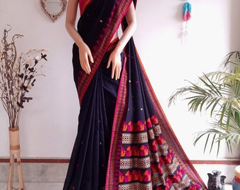 Handwoven Black Cotton Jamdani Saree: Bird Motif Ganga Yamuna Border