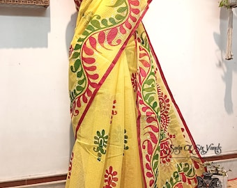 Handloom Resham Kota Saree: Hand-Painted Bengal Alpona Motifs