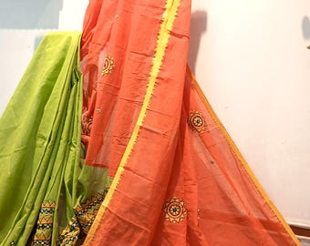 Handloom Cotton Saree: Mirror Embroidery, Designer Sari with Blouse