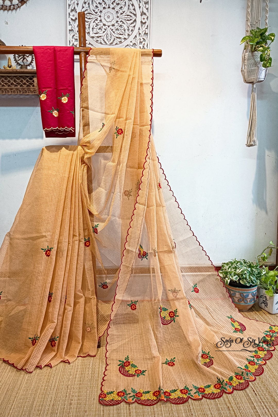 Designer Cream Kota Cotton Embroidered Saree KCS99