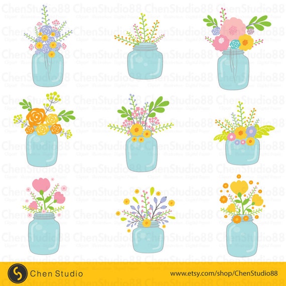 Flower mason jar vector Digital Clipart Instant Download Etsy