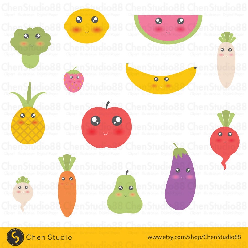 Kawaii Fruit Clipart. Scrapbook Printable Vector .eps and Png