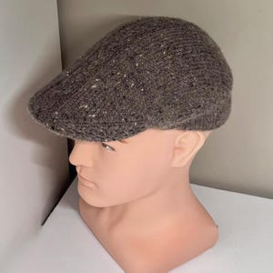 Taupe Tweed Felted Wool Flat Cap, Hand Knit Scally Cap, Artisan Driving Hat