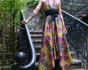 Dress african fern wax bare back-gold-holland / linen belt / 34 to 38