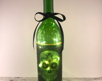 Sugar skull wine bottle lamp