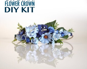 DIY Blue Flower Crown Kit, Blue Wedding Headpiece, Blue Bridal DIY Project, Blue Bohemian Floral Crown