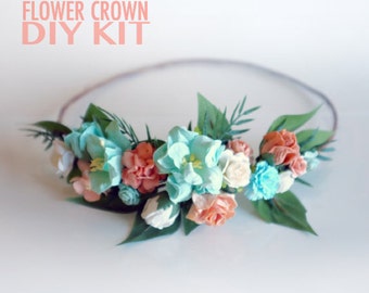 Peach Flower Crown- Mint Flower Girl- Peach Wedding- Bachelorette Party- Bridesmaid Flower Crown- Flower Crown- Kids Birthday Party