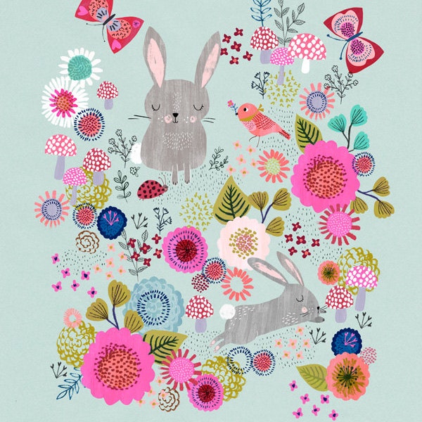 Down in the Garden (PaleAqua)....Giclee print of an original illustration