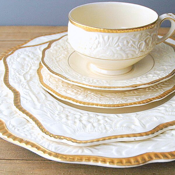 SALE:  Vintage Crown Ducal China Florentine Embossed Fruit Floral Cream with Gold Trim CRD 62, Five Piece Place Setting
