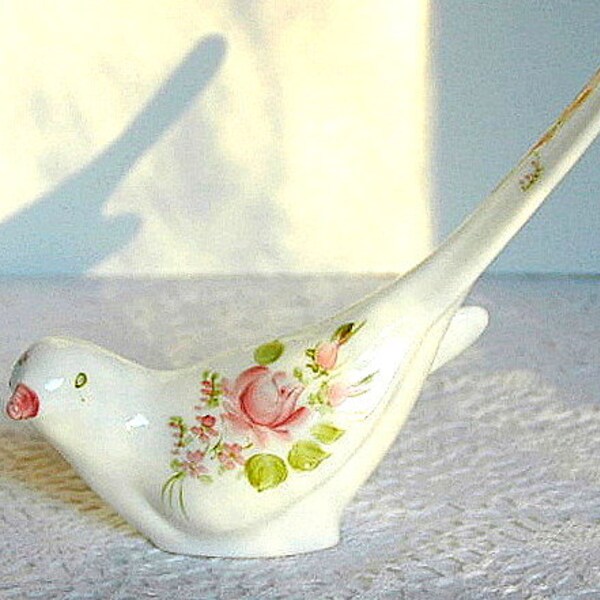 Vintage Fenton Art Glass Hand Painted White Milk Glass Bird of Happiness Figurine with Roses
