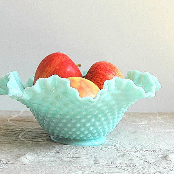 SALE:  Fenton Green Pastel Milk Glass Hobnail Ruffled Bowl Mint Green Aqua