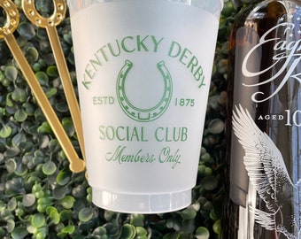Kentucky Derby social club members only frosted bev reusable cups/big hats bets mint juleps/meet me at the track/party cups