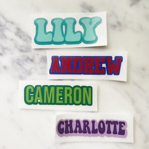 May include: Four colorful vinyl stickers with names written in a retro font. The names are Lily, Andrew, Cameron, and Charlotte. The stickers are on a white marble background.