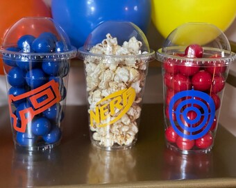 Dart party cups/ foam wars birthday theme/ dart gun party supplies/birthday party favor/cup with dome lids/ popcorn cup/ candy bag