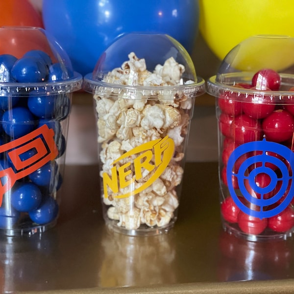 Dart party cups/ foam wars birthday theme/ dart gun party supplies/birthday party favor/cup with dome lids/ popcorn cup/ candy bag