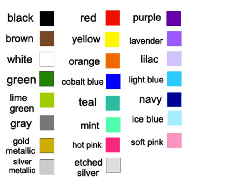 May include: A color chart with 20 different colors, including black, red, purple, brown, yellow, lavender, white, orange, lilac, green, cobalt blue, light blue, lime green, teal, navy, gray, mint, gold metallic, silver metallic, hot pink, soft pink, and etched silver.