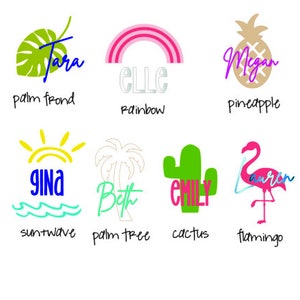 K&ouml;nnte beinhalten: Eine Sammlung farbenfroher Grafiken zum Thema Tropen. Die Designs umfassen ein gr&uuml;nes Palmenblatt mit "Tara", einen rosa Regenbogen mit "Elle", eine Ananas mit "Megan", eine Sonne mit "Gina", eine Palme mit "Beth", einen Kaktus mit "Emily" und einen Flamingo mit "Lauren".
