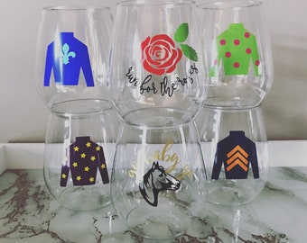 Kentucky derby run for the roses hold your horses go baby go jockey silks party favor stemless glass wine cocktail mint juleps glasse