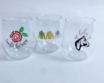 Run for the roses/ derby party/ derby glass/ jockey silks cup/ go baby go/ horse gift