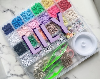 Monogrammed clay bead kit/personalized bead kit/craft kit/ arts and craft gift bracelet beads/Birthday kid gift/home school/Christmas gift