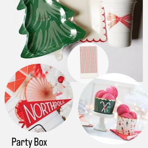 May include: A Christmas party supply box with red and green festive decorations. The box includes dinner plates, dessert plates, napkins, cups, treat cups, and a festive pennant.