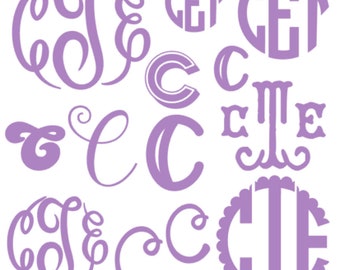 May include: A collection of purple monogram letters in various styles, including cursive, block, and script. The letters are arranged in a random pattern on a white background.