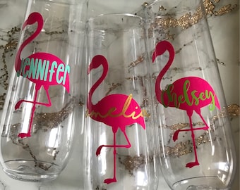 Personalized flamingo lets flamingle party favor shatterproof champagne wine stemless flutes glasses